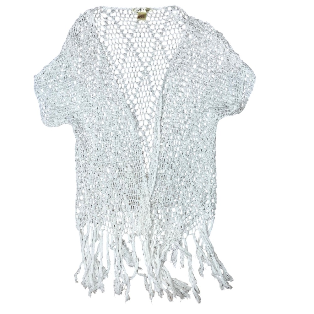Lucky & Coco White Crochet‎ Open Front Fringe Kimono Cardigan Sweater XL/XXL